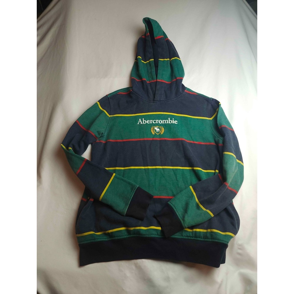 Abercrombie Kids Hoodie Boys Size 15/16 Green Navy Red Striped Pullover Fleece